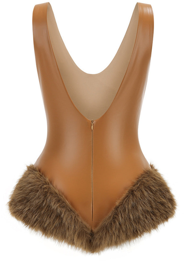 Brown V-Neck Faux Fur Trim Bodysuit
