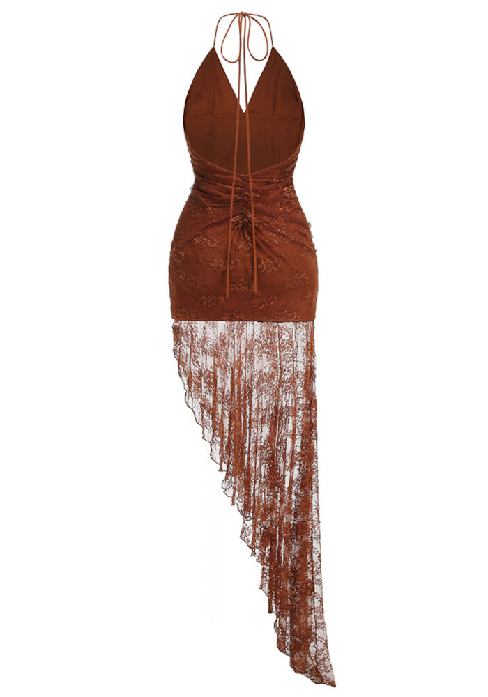Brown Halter Ruched Asymmetric Lace Maxi Dress