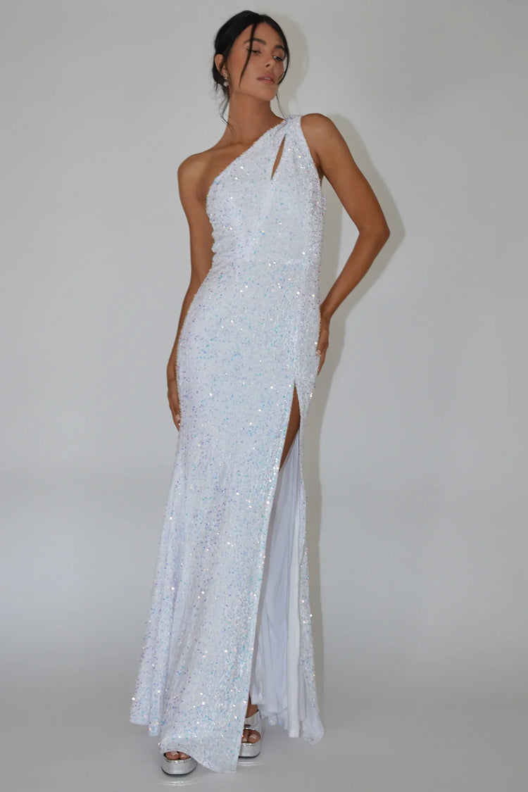 One Shoulder Sequin Fitted Slit White Maxi Dress