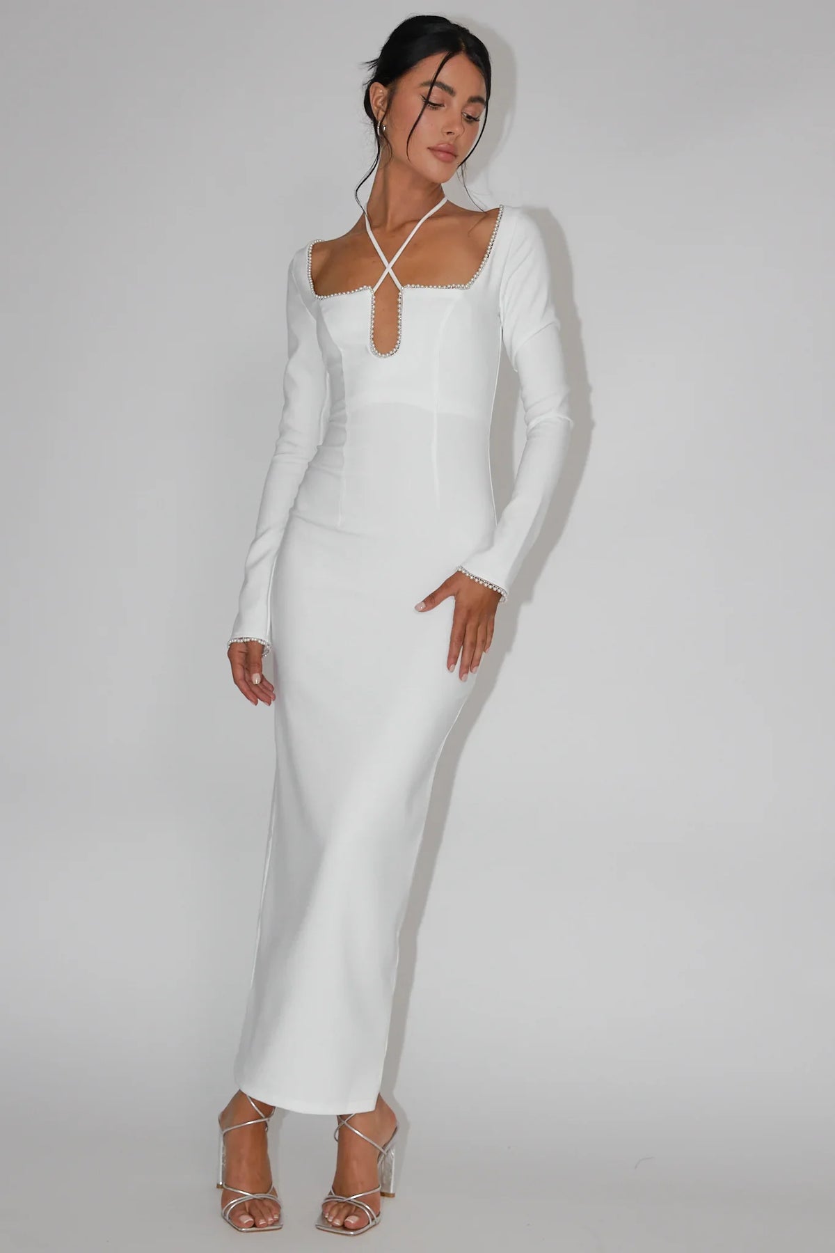 Long Sleeve Pearl Trim Cutout Fitted White Maxi Dress