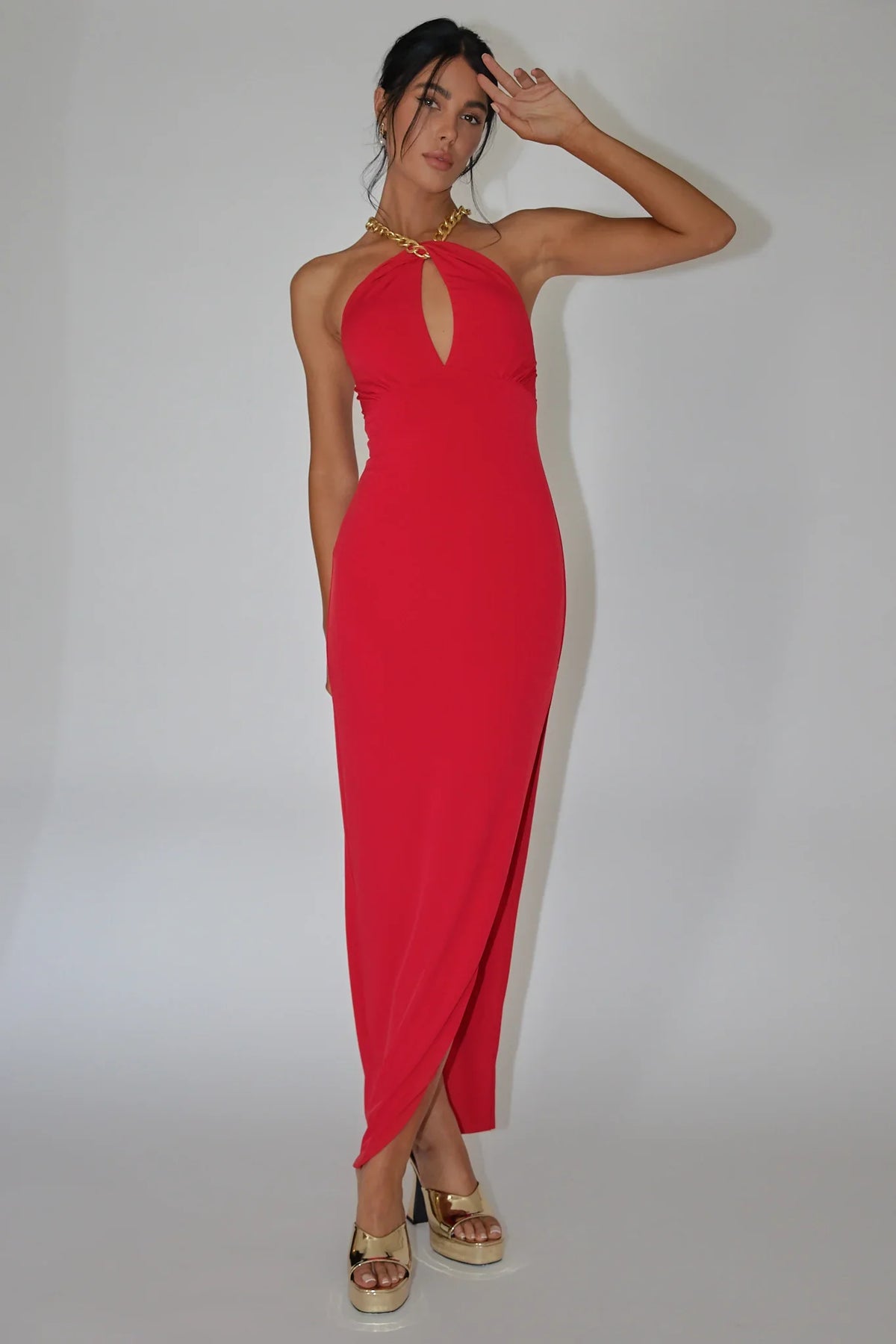 Red Midi Dress with Chain Halter Neckline