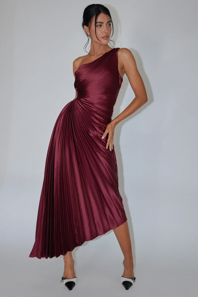 One Shoulder Pleated Satin Asymmetric Wine Midi Dress