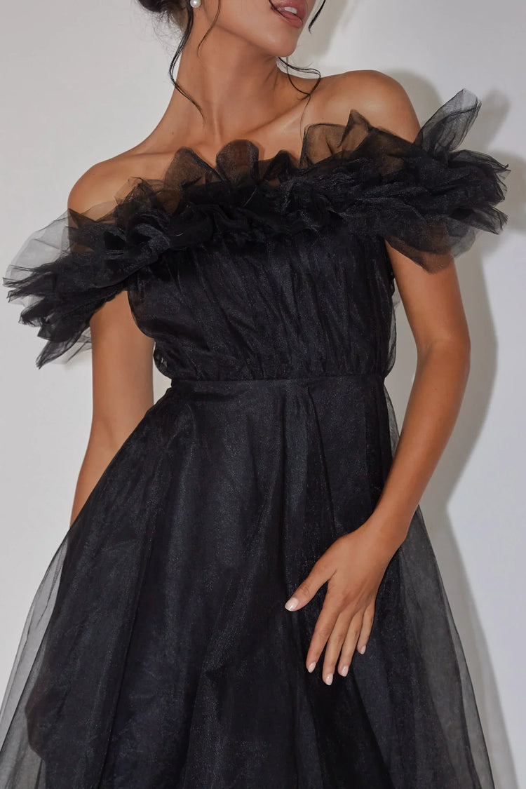 Black Midi Dress with Off-Shoulder Ruffle Tulle