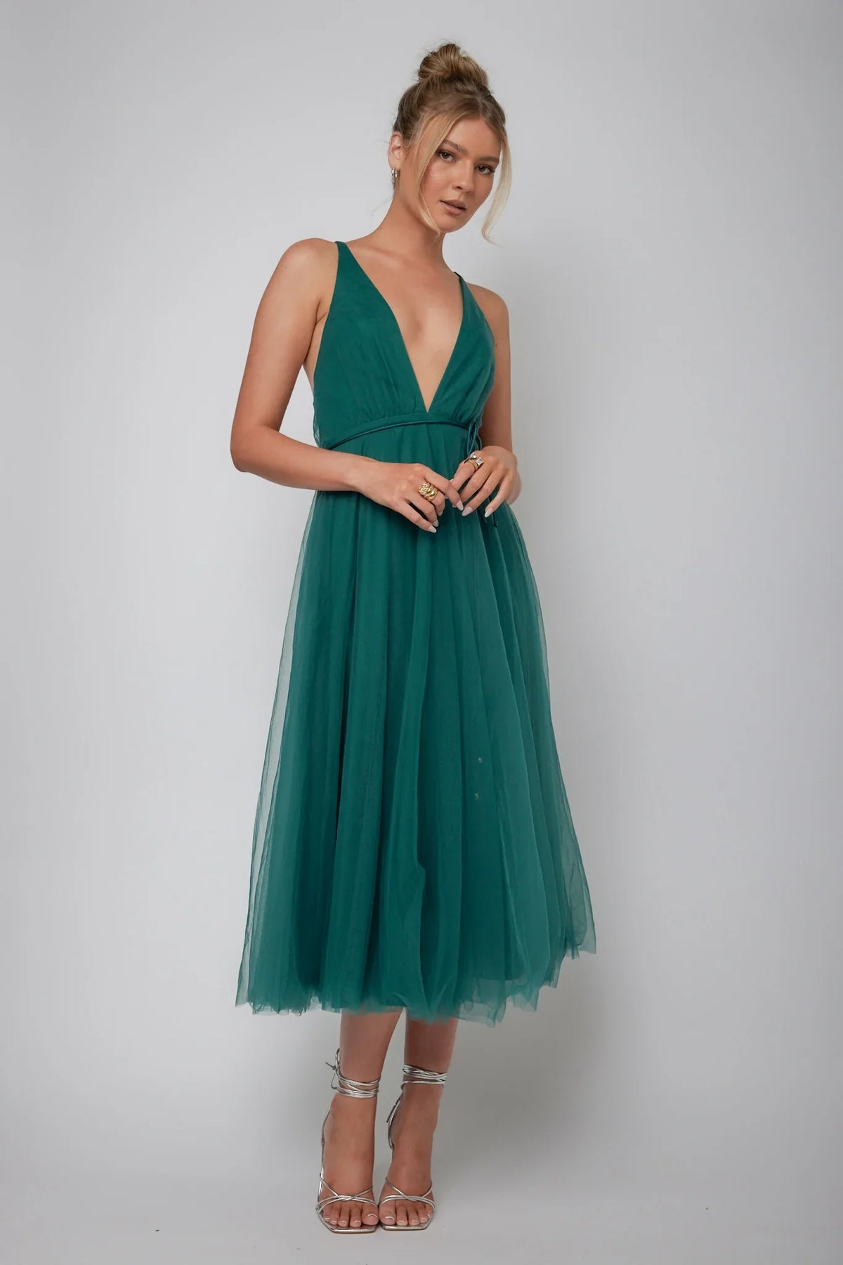 Plunge Mesh Overlay Tea Length Forest Green Midi Dress