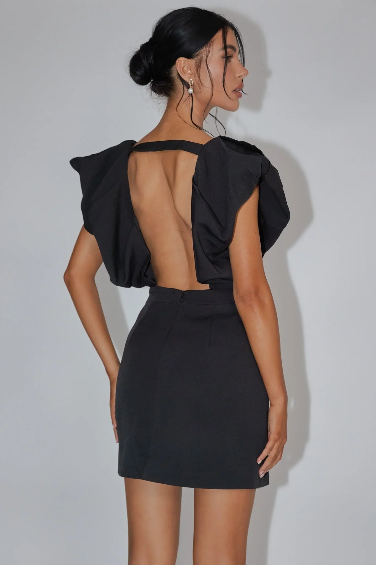 V Neck Bubble Sleeve Slit Black Mini Dress