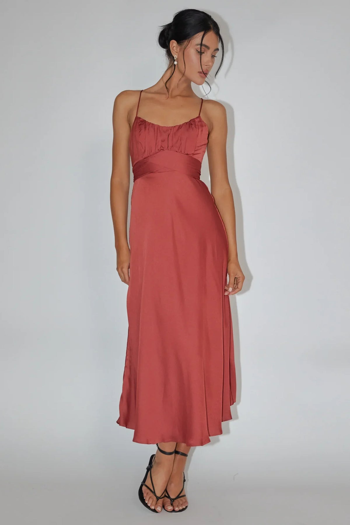 Rust Midi Dress with Cami Strap Ruched Bodice