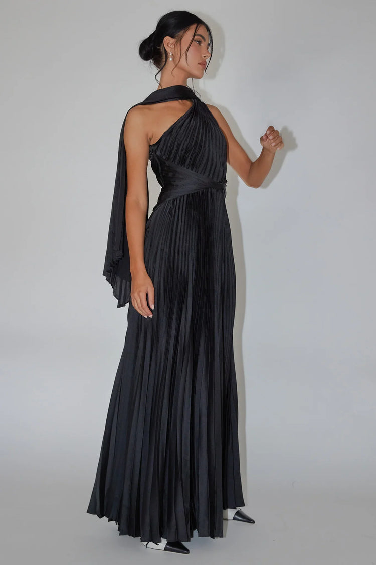 Black Maxi Dress with Halter Accordion Pleat