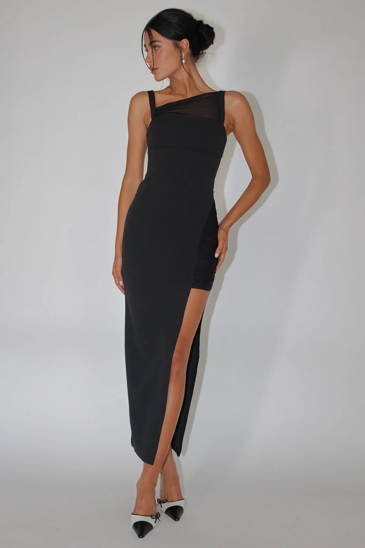 Black Midi Dress with Asymmetric Mesh High Slit