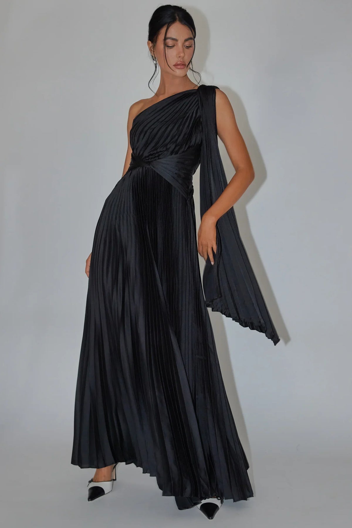 Black Maxi Dress with Halter Accordion Pleat