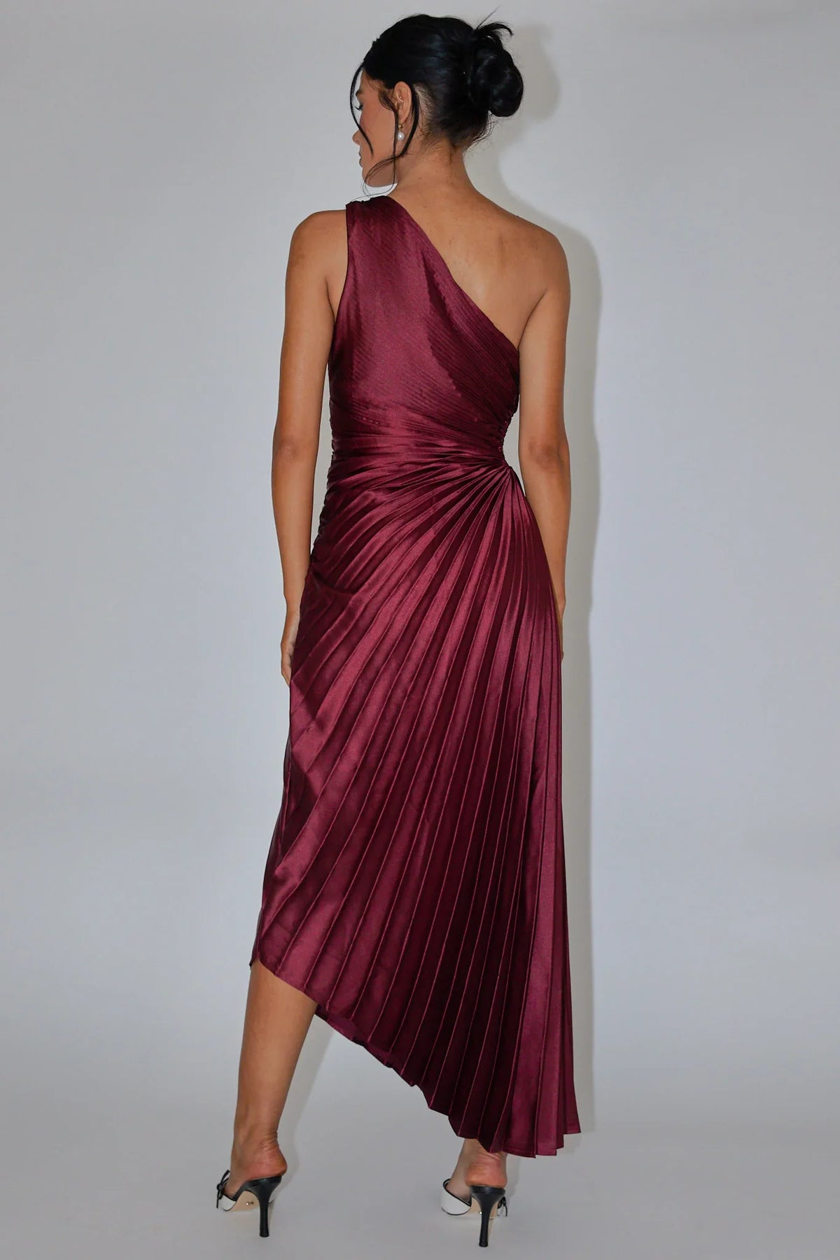 One Shoulder Pleated Satin Asymmetric Wine Midi Dress
