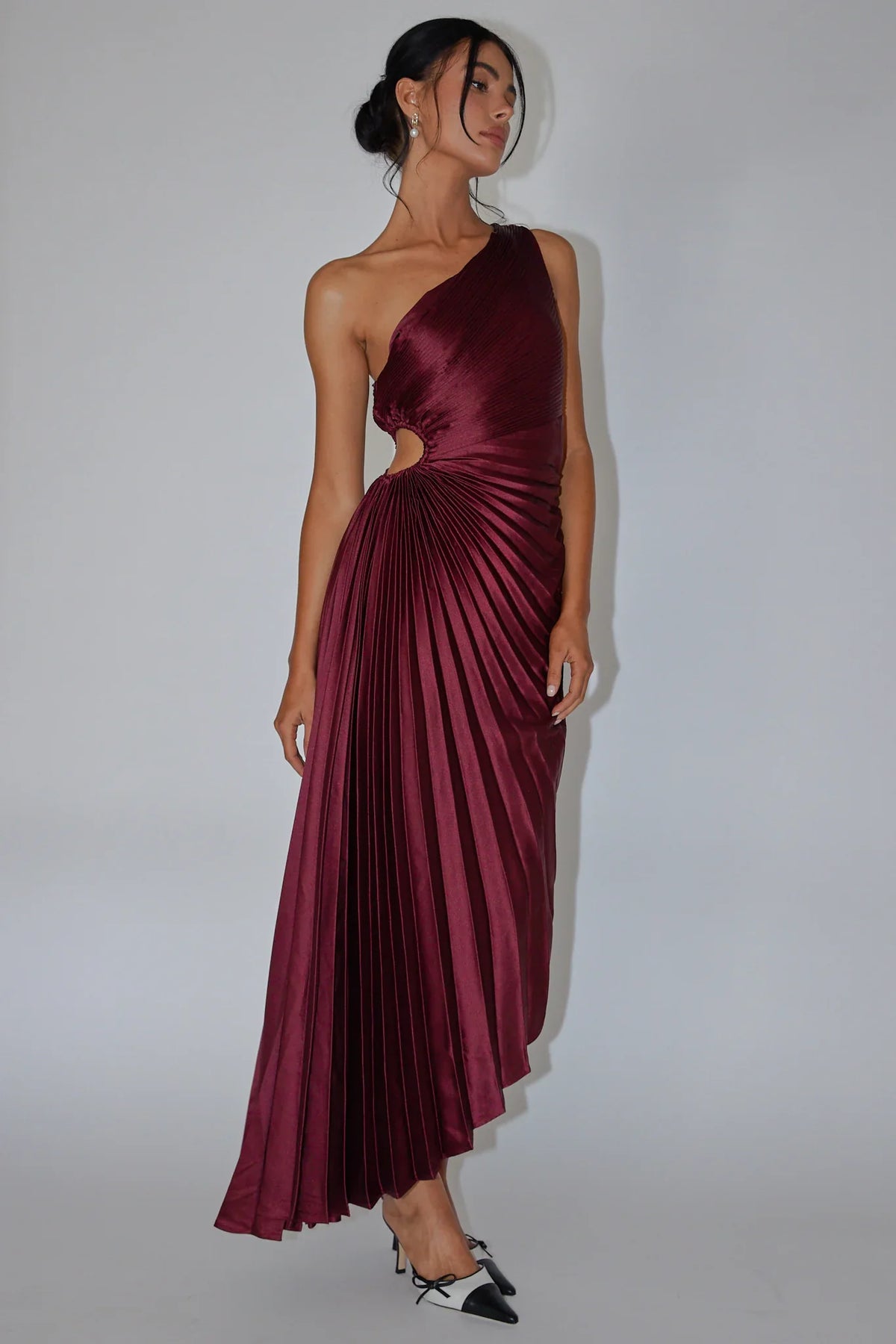 One Shoulder Pleated Satin Asymmetric Wine Midi Dress