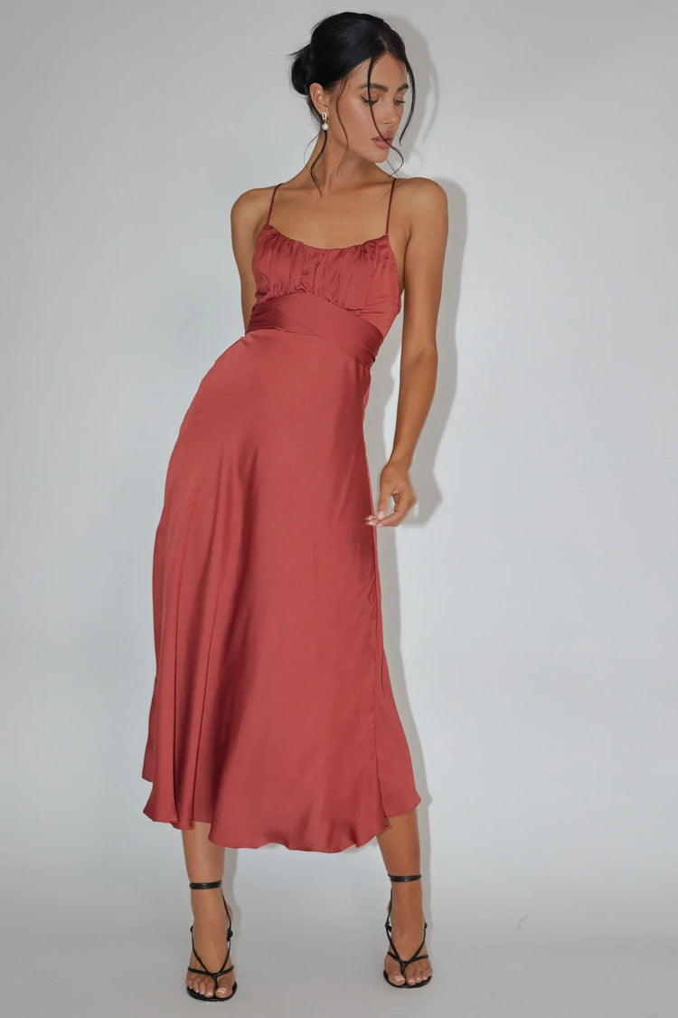 Rust Midi Dress with Cami Strap Ruched Bodice