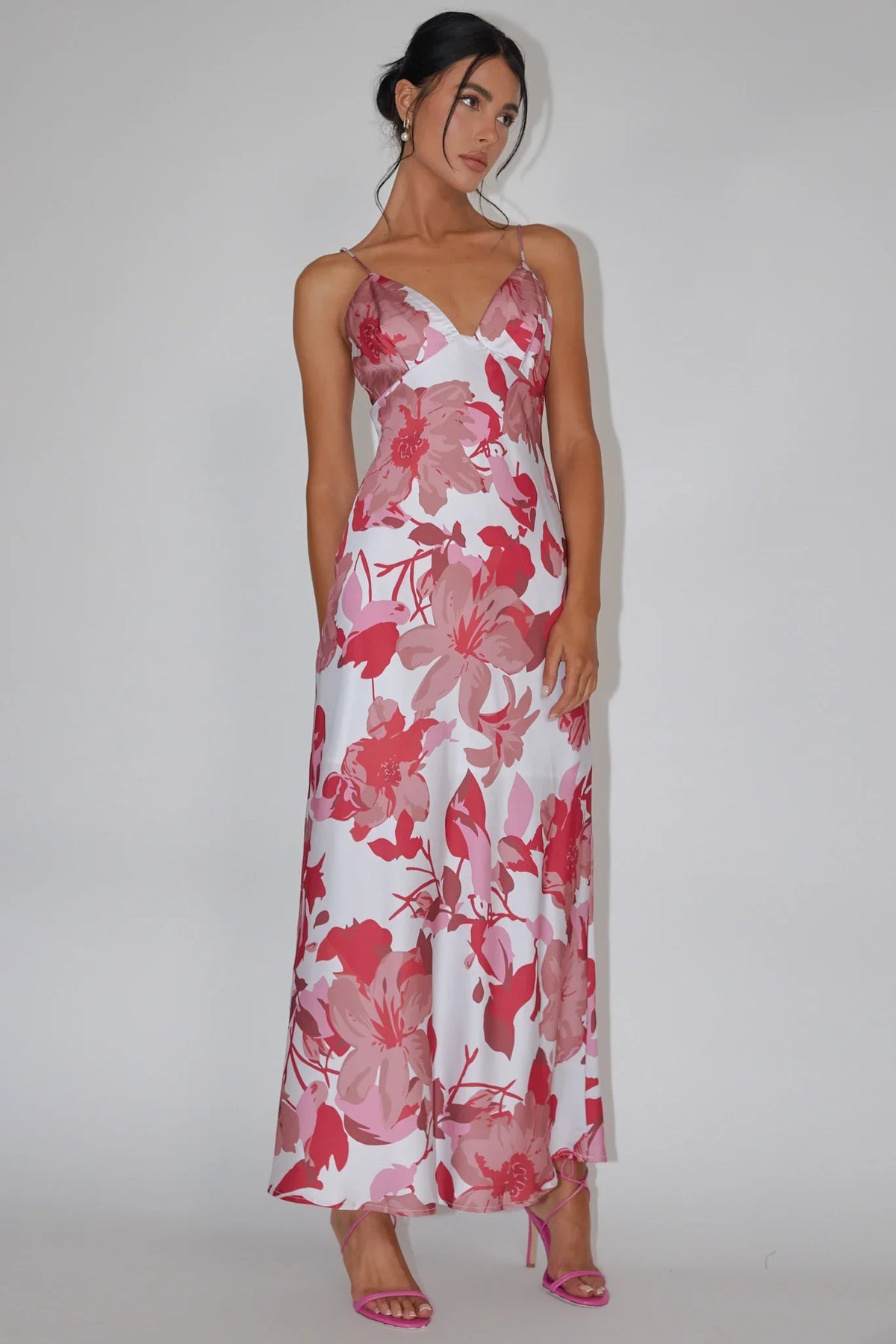 Pink Floral Print Maxi Dress with Cami Strap V-Neck