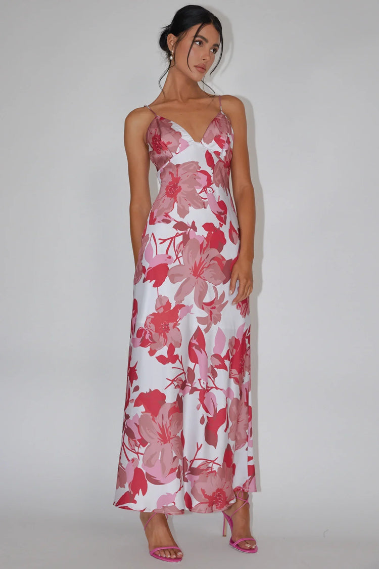 Pink Floral Print Maxi Dress with Cami Strap V-Neck