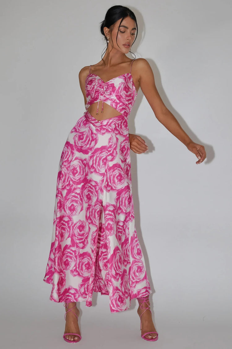 Spaghetti Strap Sweetheart Drawstring Cutout Floral Pink Maxi Dress