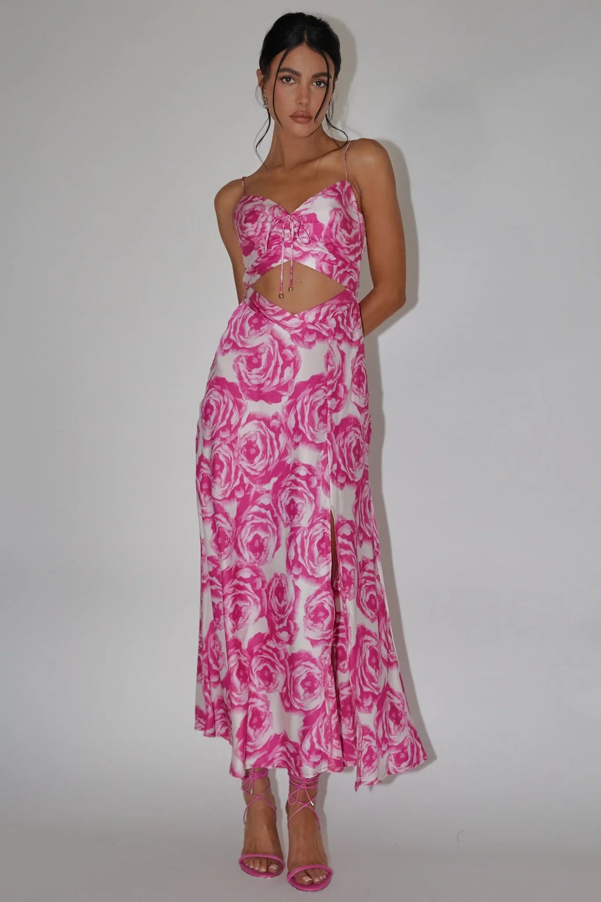 Spaghetti Strap Sweetheart Drawstring Cutout Floral Pink Maxi Dress