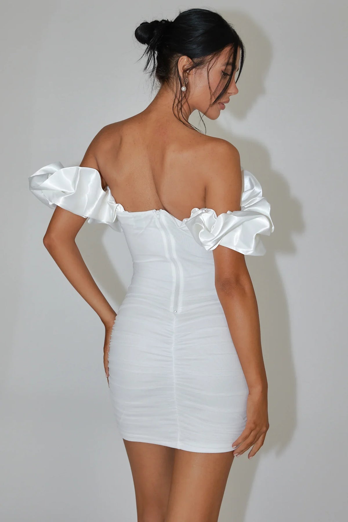 Off White Mini Dress with Off-Shoulder Ruffle Corset