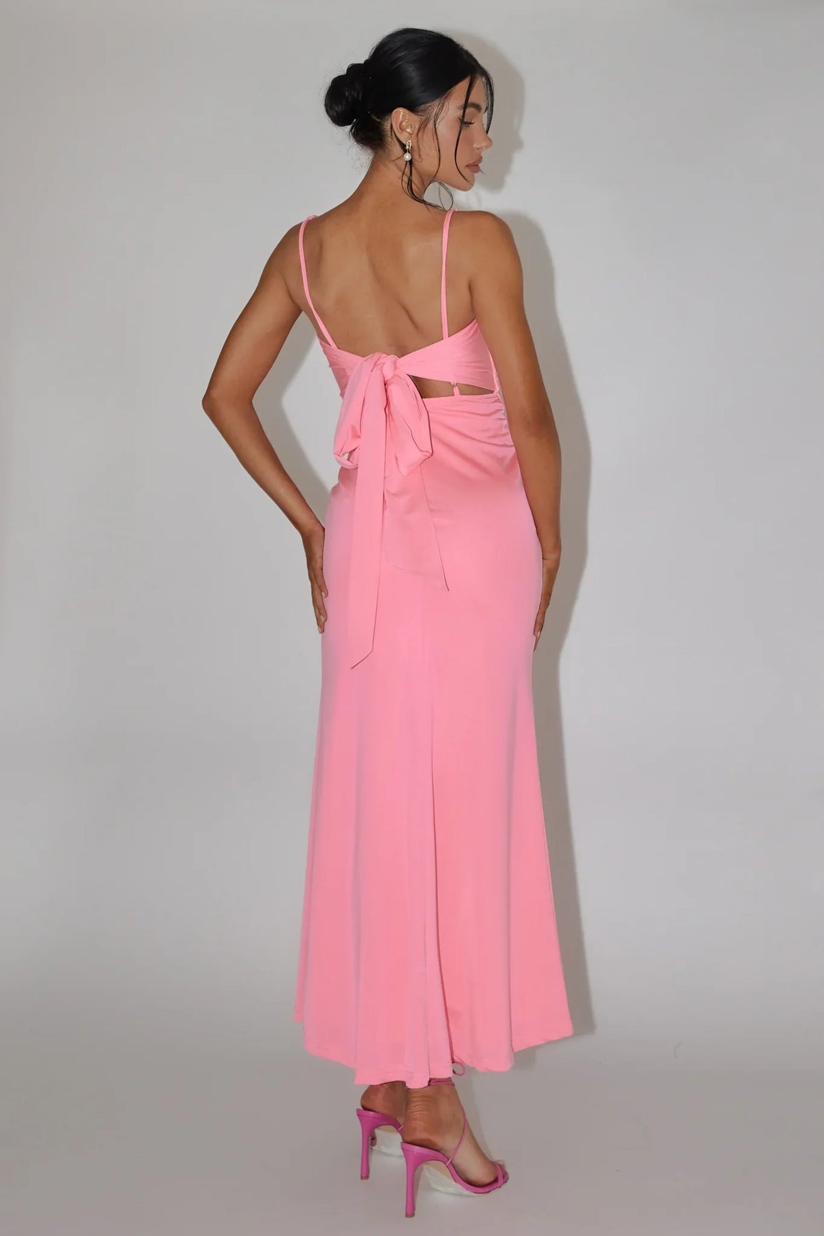 Spaghetti Strap Floral Applique Bodice Slip Pink Maxi Dress