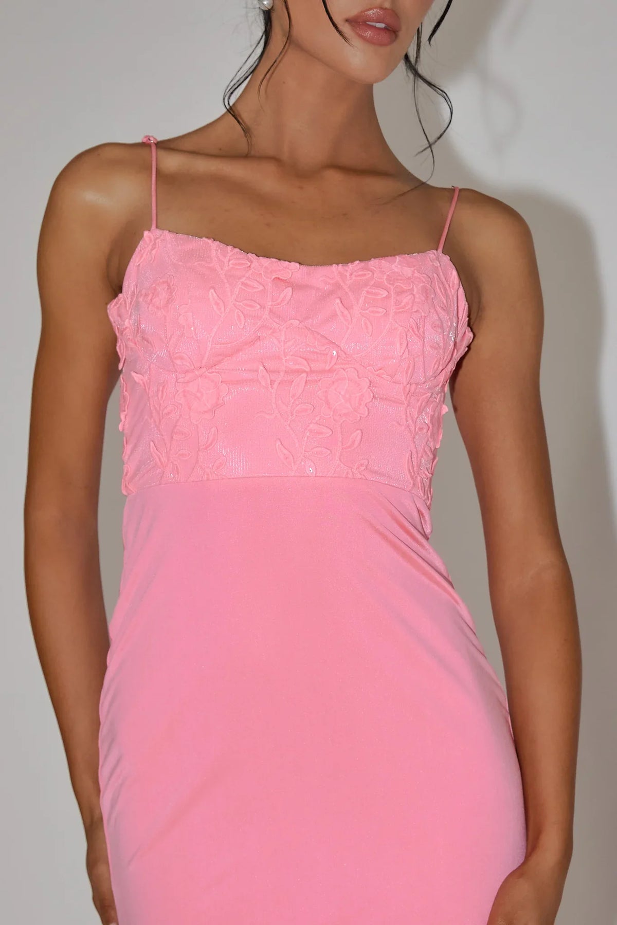 Spaghetti Strap Floral Applique Bodice Slip Pink Maxi Dress