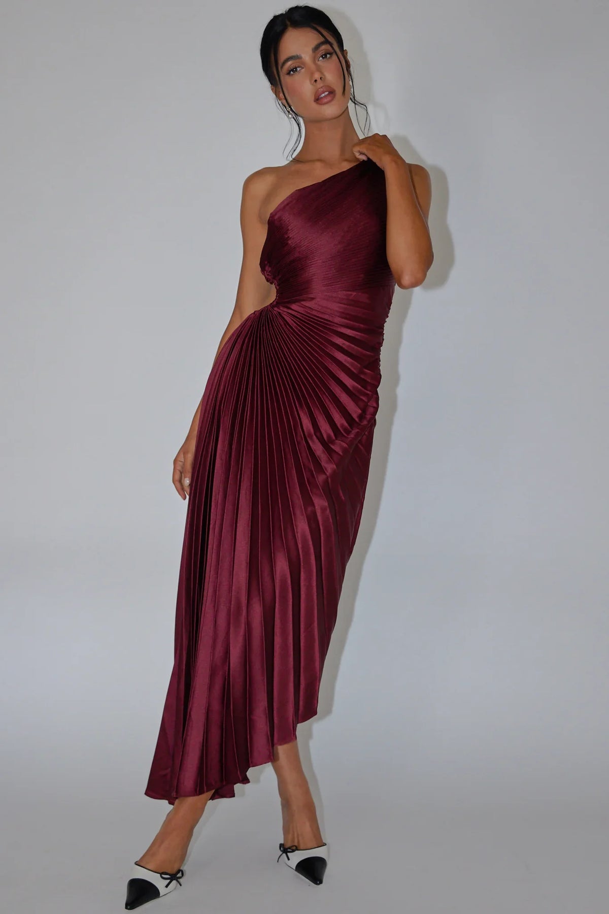 One Shoulder Pleated Satin Asymmetric Wine Midi Dress