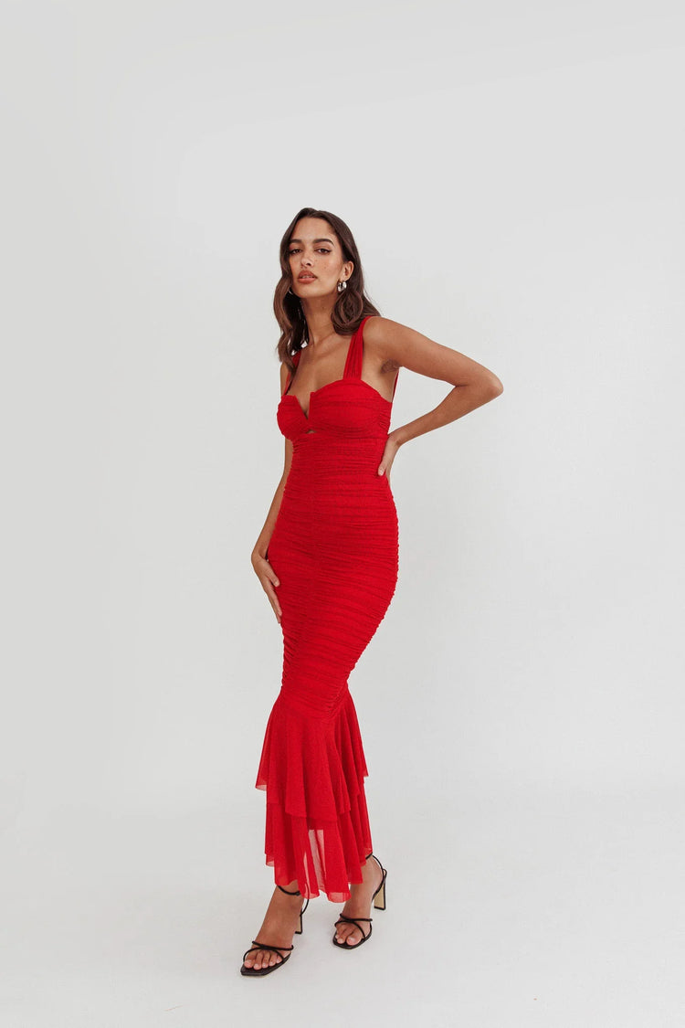 Sweetheart Ruched Mesh Fishtail Red Maxi Dress