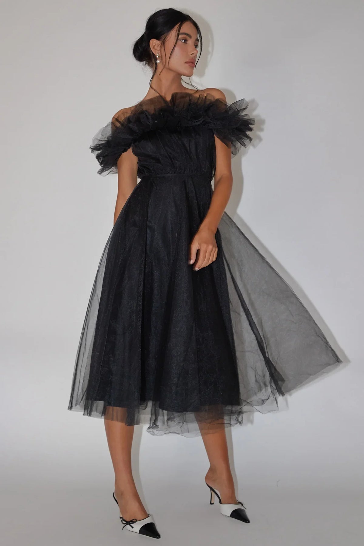 Black Midi Dress with Off-Shoulder Ruffle Tulle