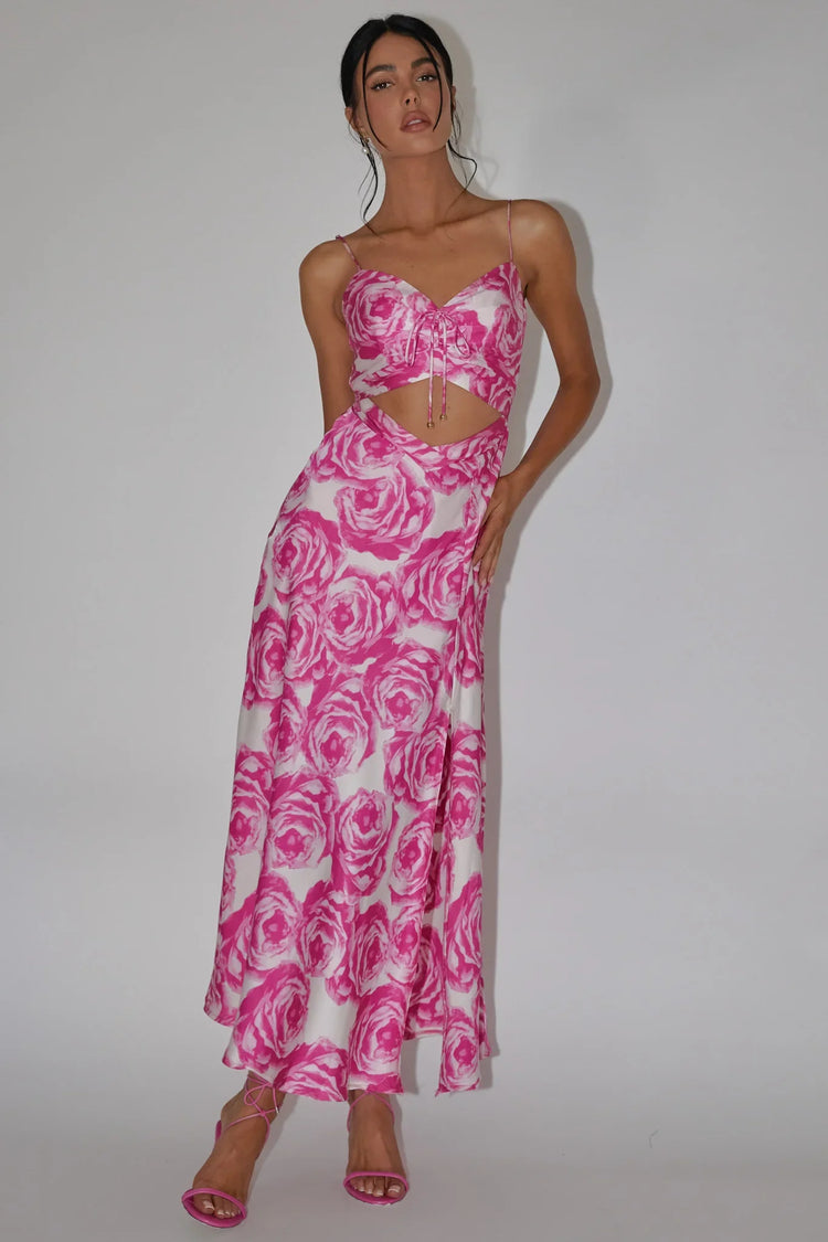 Spaghetti Strap Sweetheart Drawstring Cutout Floral Pink Maxi Dress