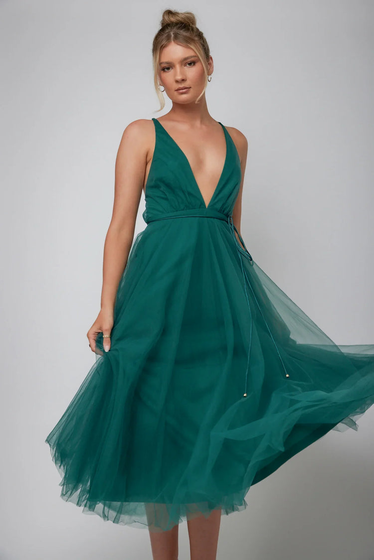 Plunge Mesh Overlay Tea Length Forest Green Midi Dress