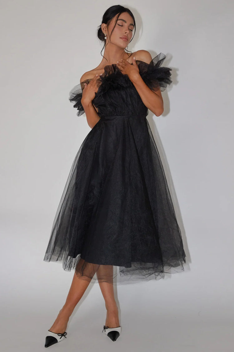 Black Midi Dress with Off-Shoulder Ruffle Tulle