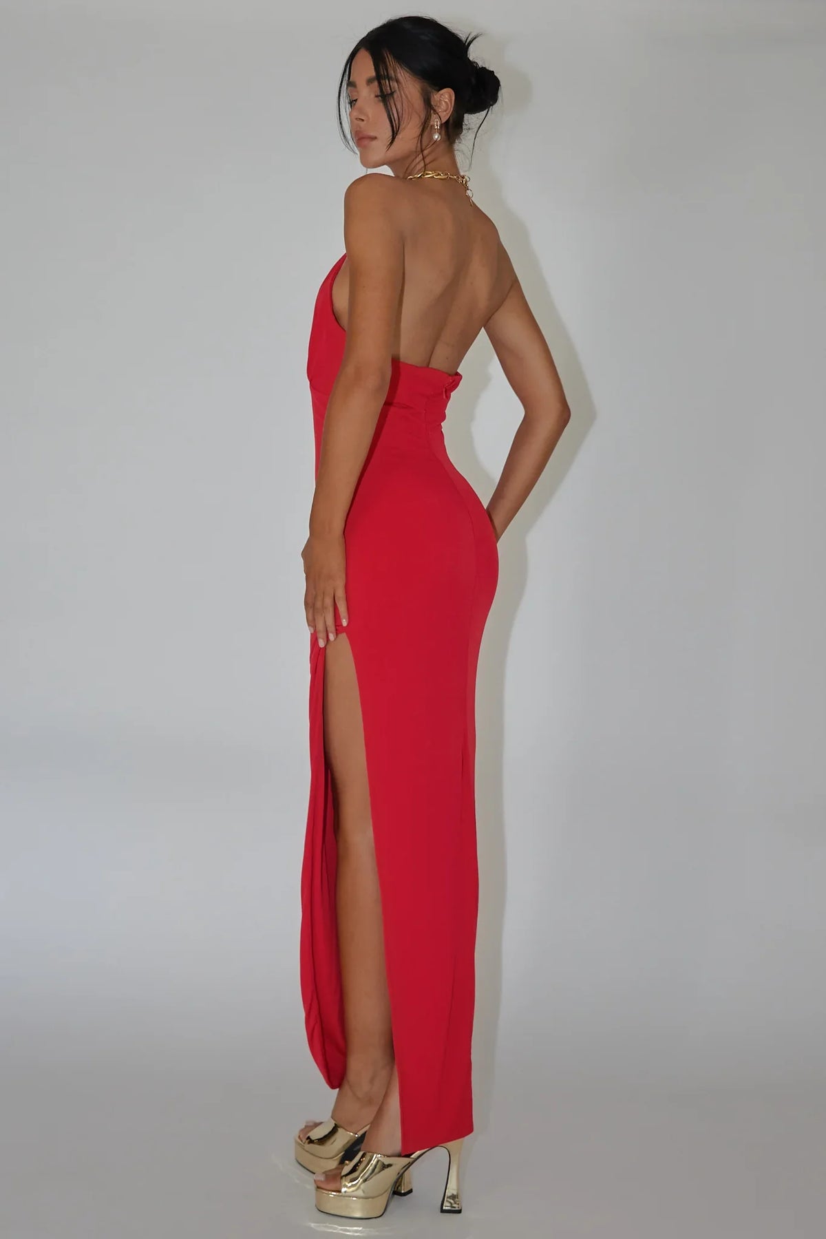 Red Midi Dress with Chain Halter Neckline