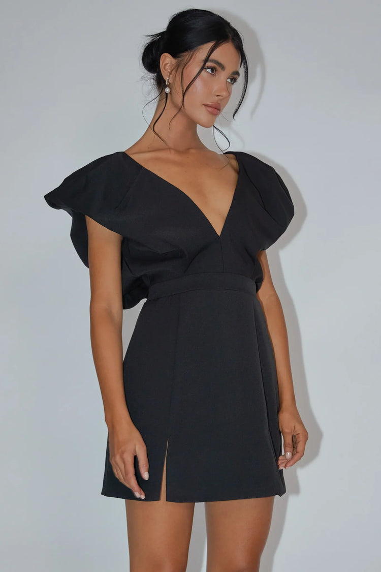 V Neck Bubble Sleeve Slit Black Mini Dress