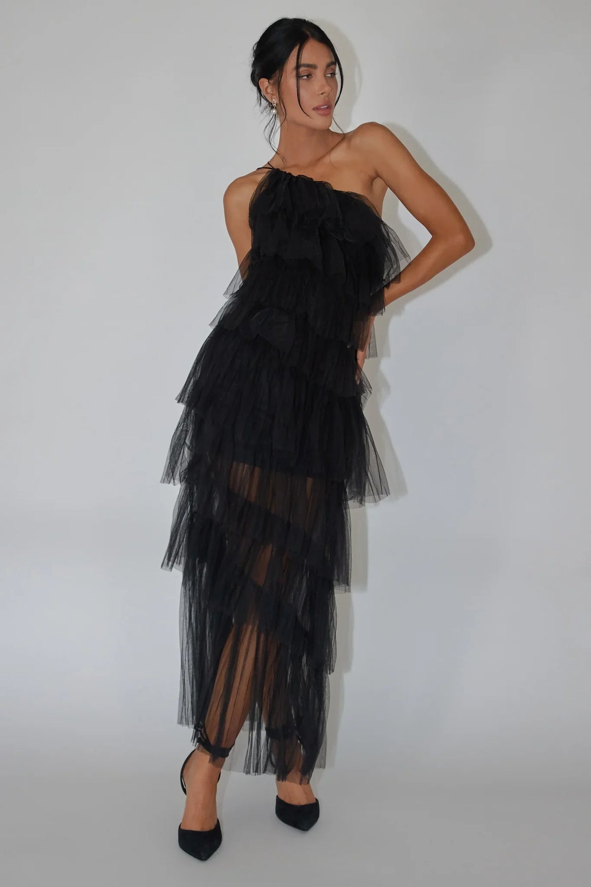 Black Maxi Dress with One-Shoulder Tiered Tulle Ruffle