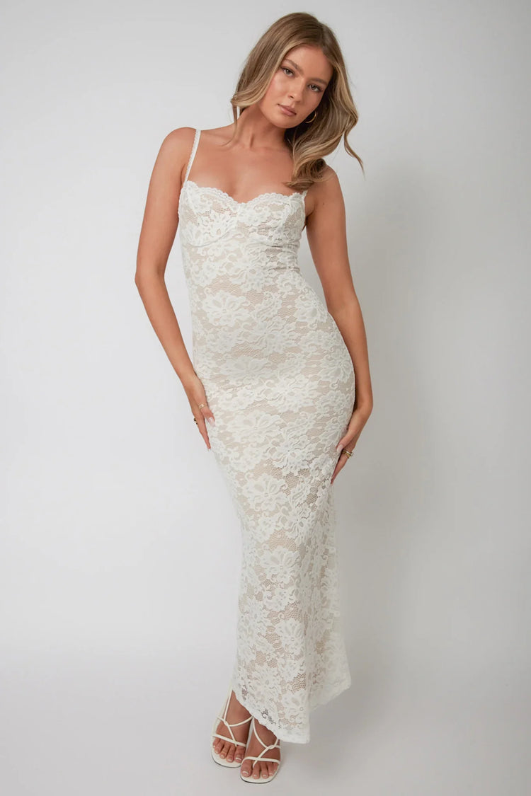 Spaghetti Strap Sweetheart Floral Lace Fitted White Maxi Dress
