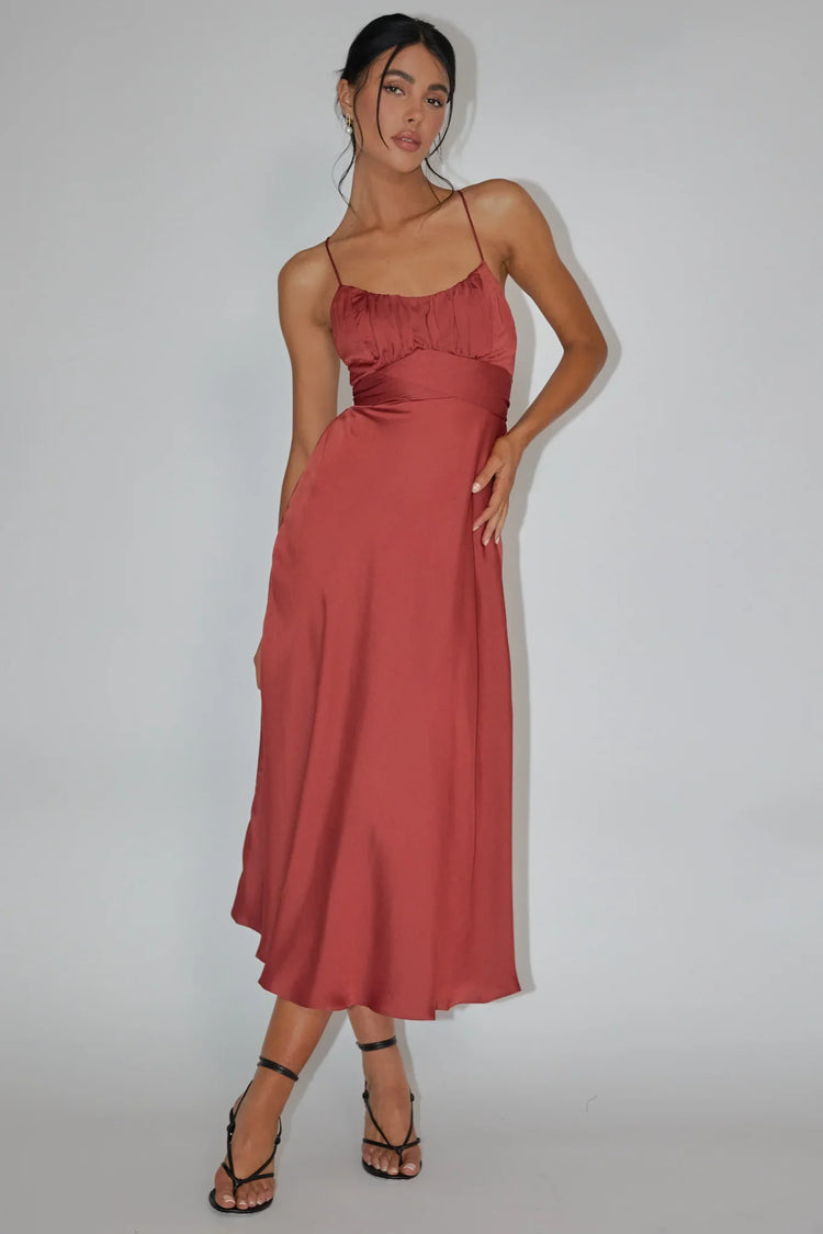 Rust Midi Dress with Cami Strap Ruched Bodice