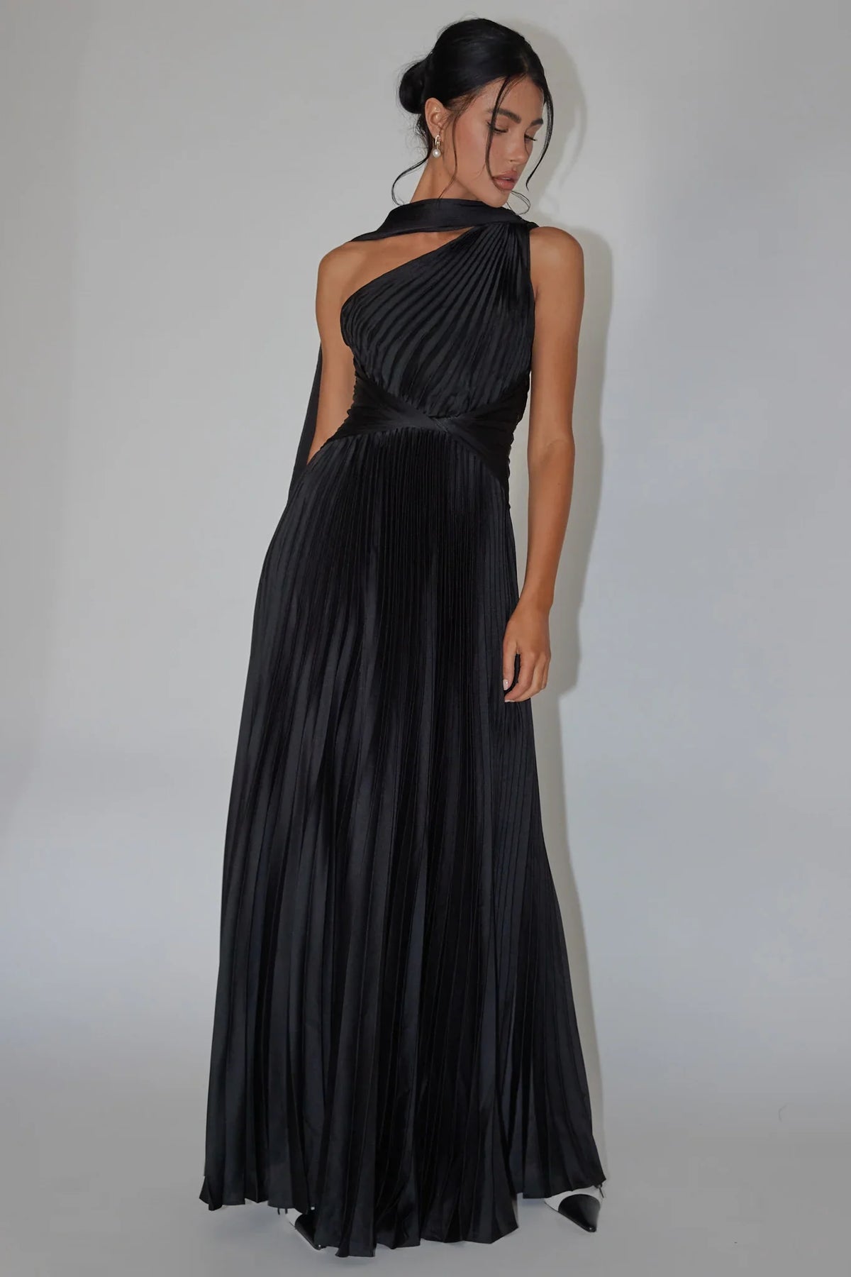 Black Maxi Dress with Halter Accordion Pleat