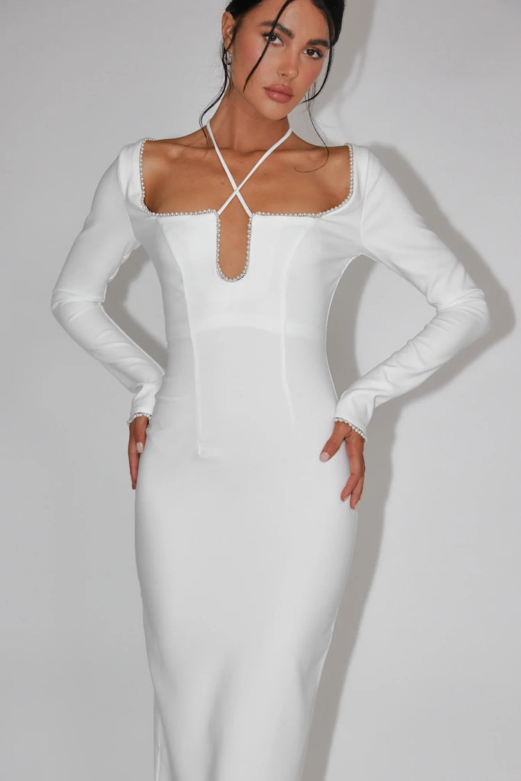 Long Sleeve Pearl Trim Cutout Fitted White Maxi Dress