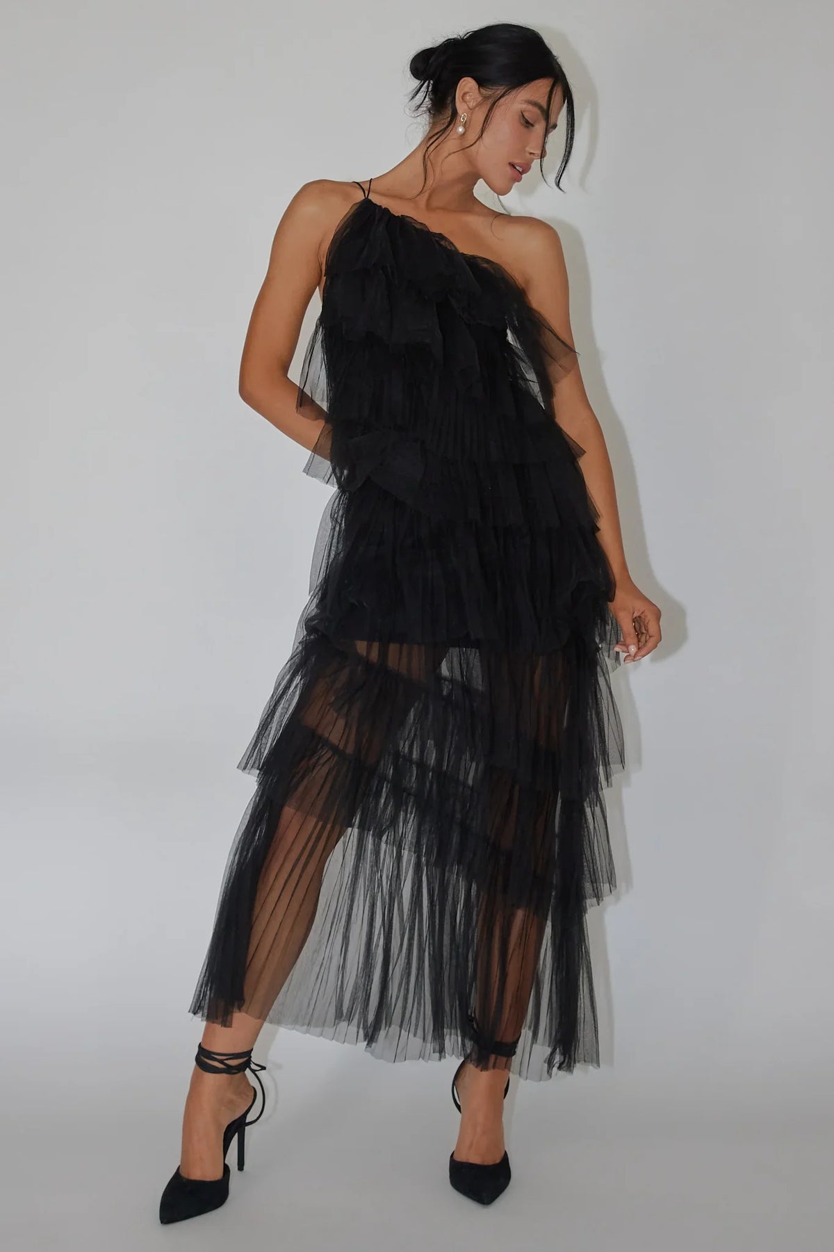 Black Maxi Dress with One-Shoulder Tiered Tulle Ruffle