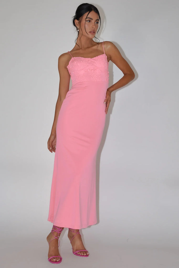 Spaghetti Strap Floral Applique Bodice Slip Pink Maxi Dress
