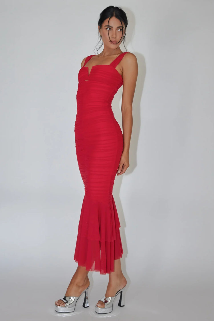 Sweetheart Ruched Mesh Fishtail Red Maxi Dress
