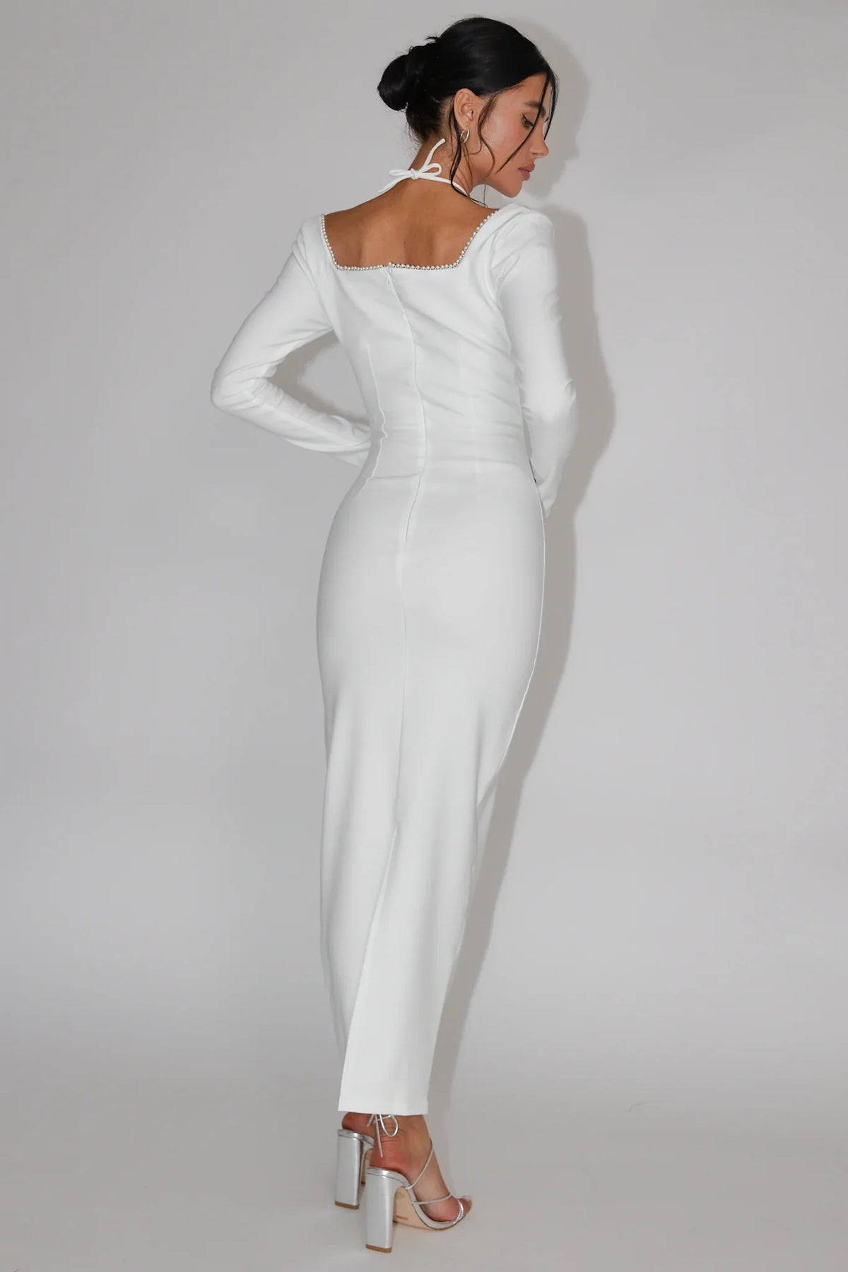 Long Sleeve Pearl Trim Cutout Fitted White Maxi Dress