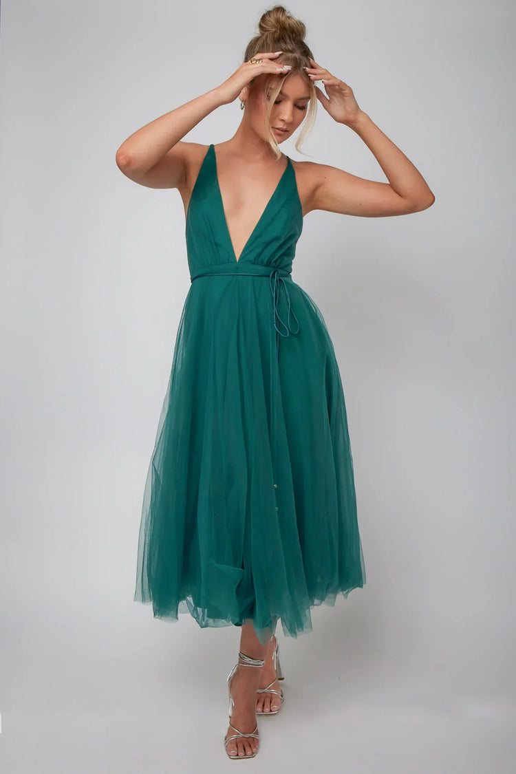 Plunge Mesh Overlay Tea Length Forest Green Midi Dress