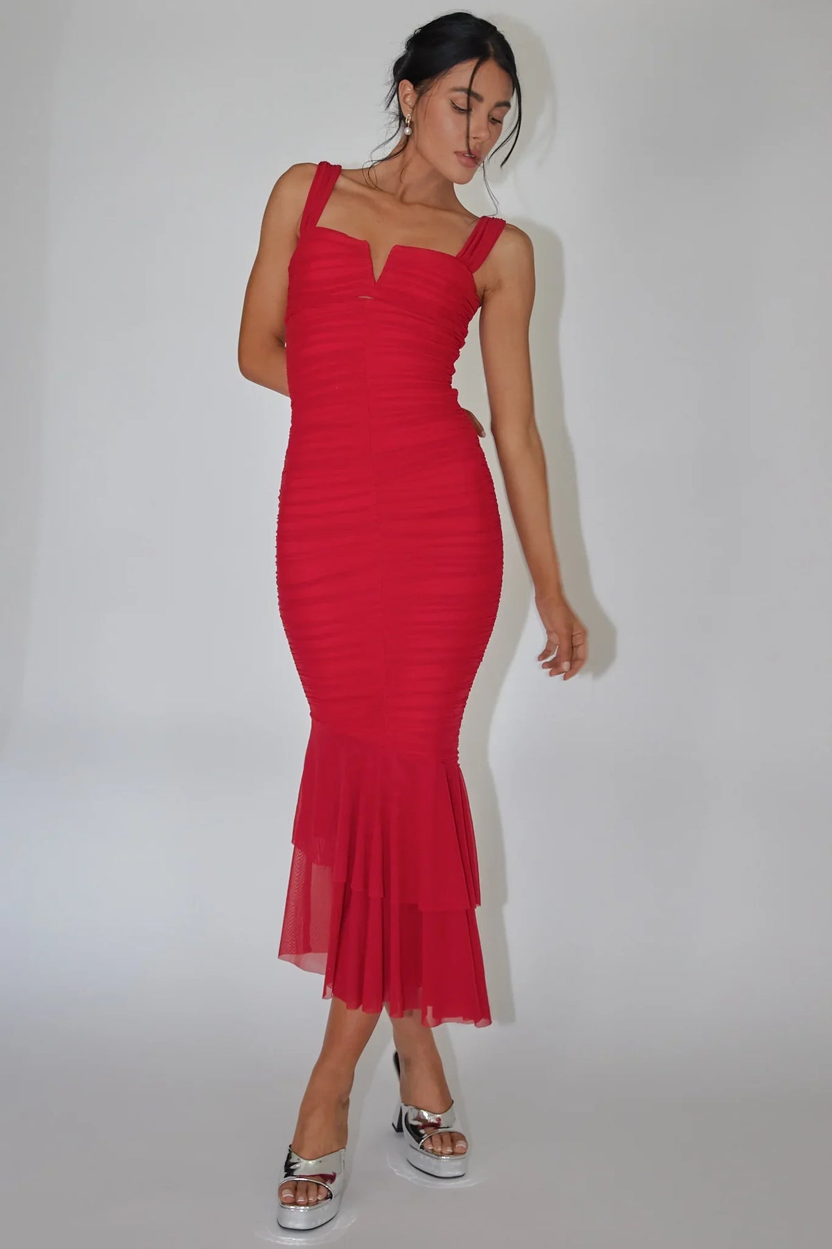 Sweetheart Ruched Mesh Fishtail Red Maxi Dress