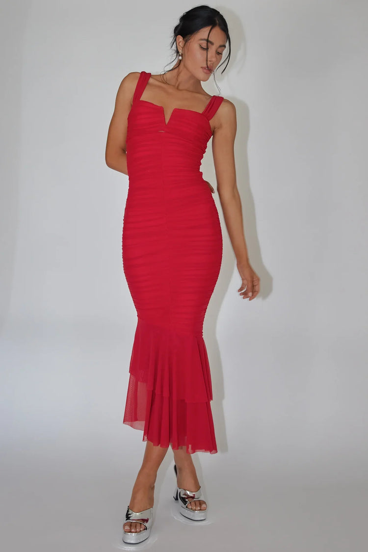 Sweetheart Ruched Mesh Fishtail Red Maxi Dress