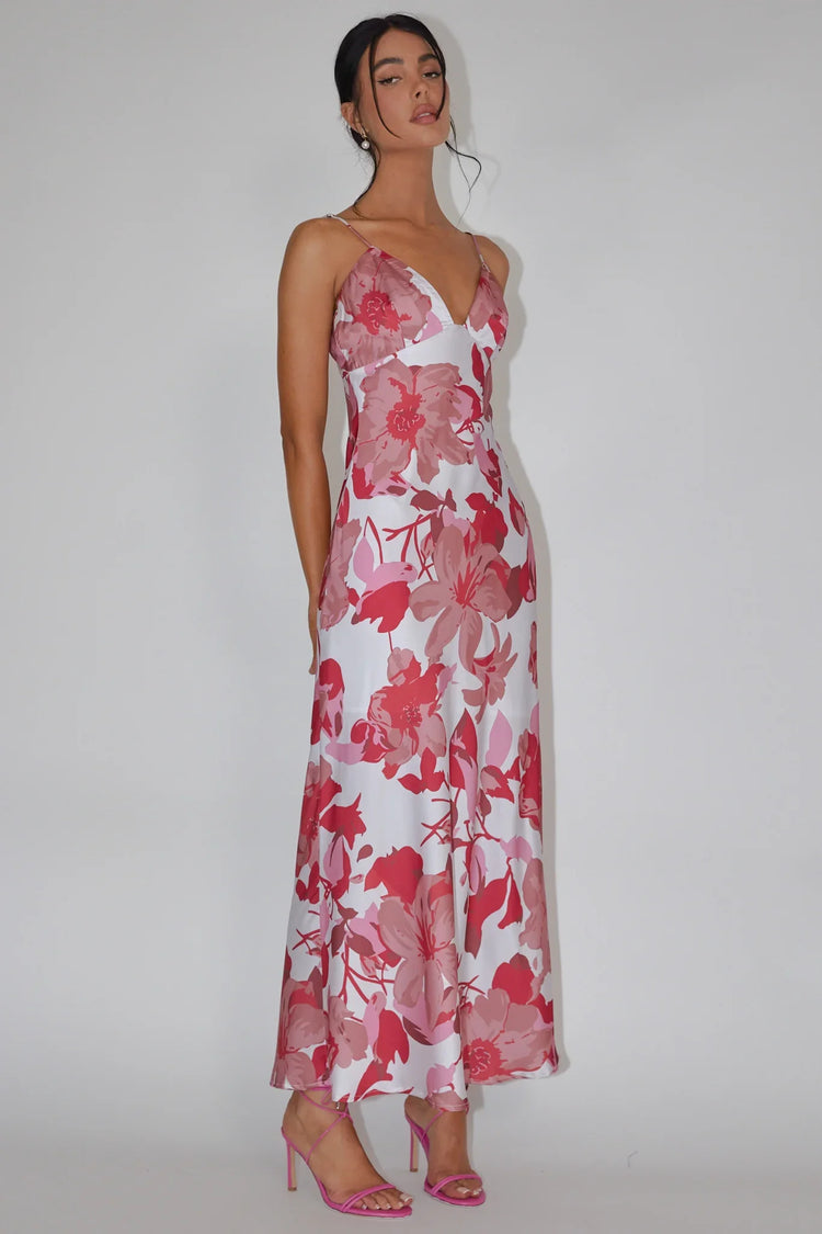 Pink Floral Print Maxi Dress with Cami Strap V-Neck