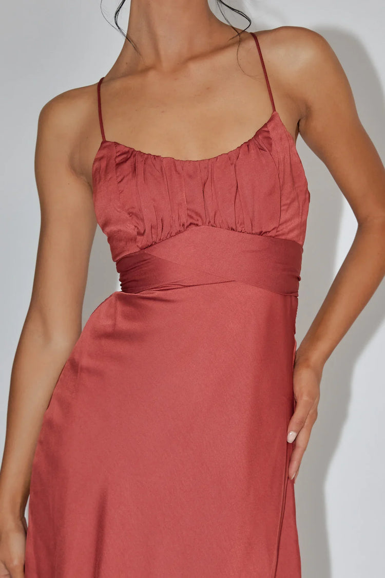 Rust Midi Dress with Cami Strap Ruched Bodice