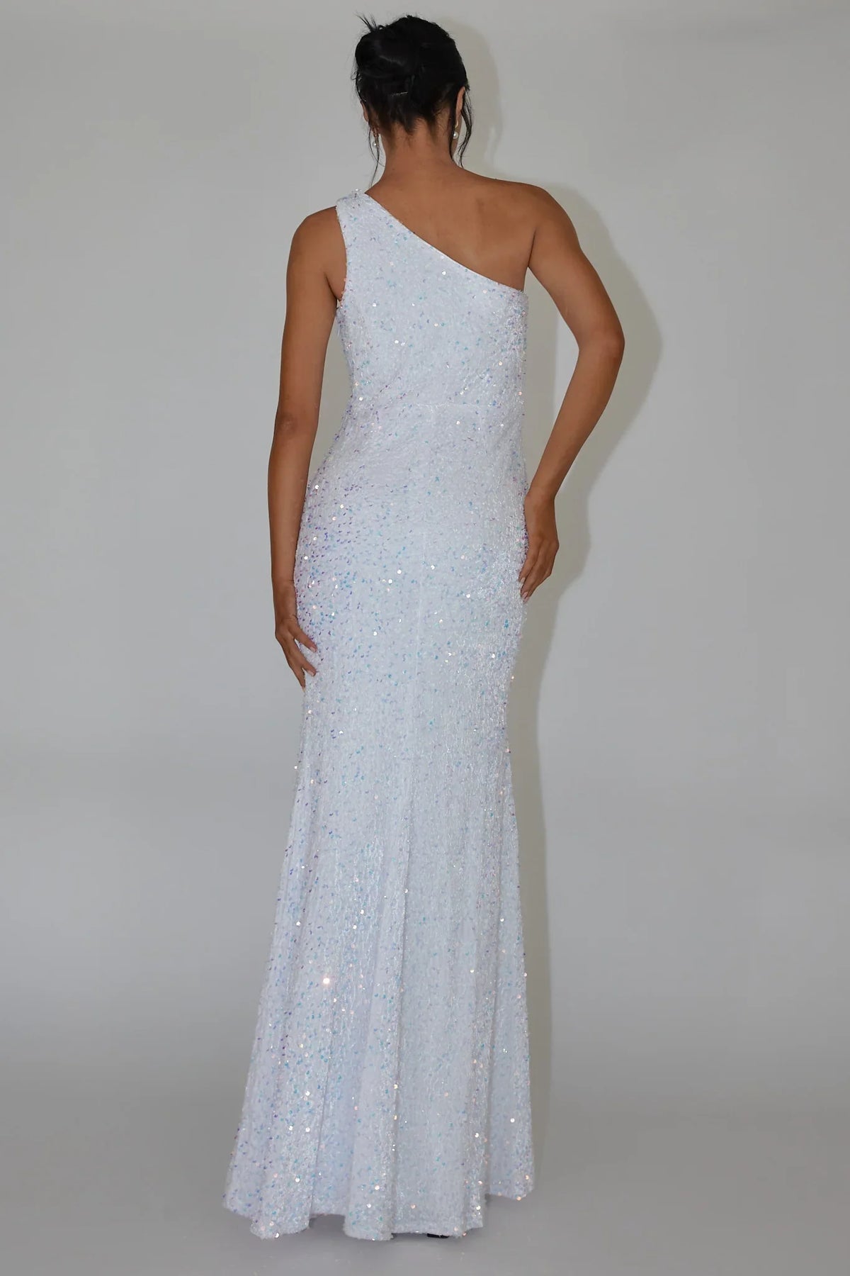 One Shoulder Sequin Fitted Slit White Maxi Dress
