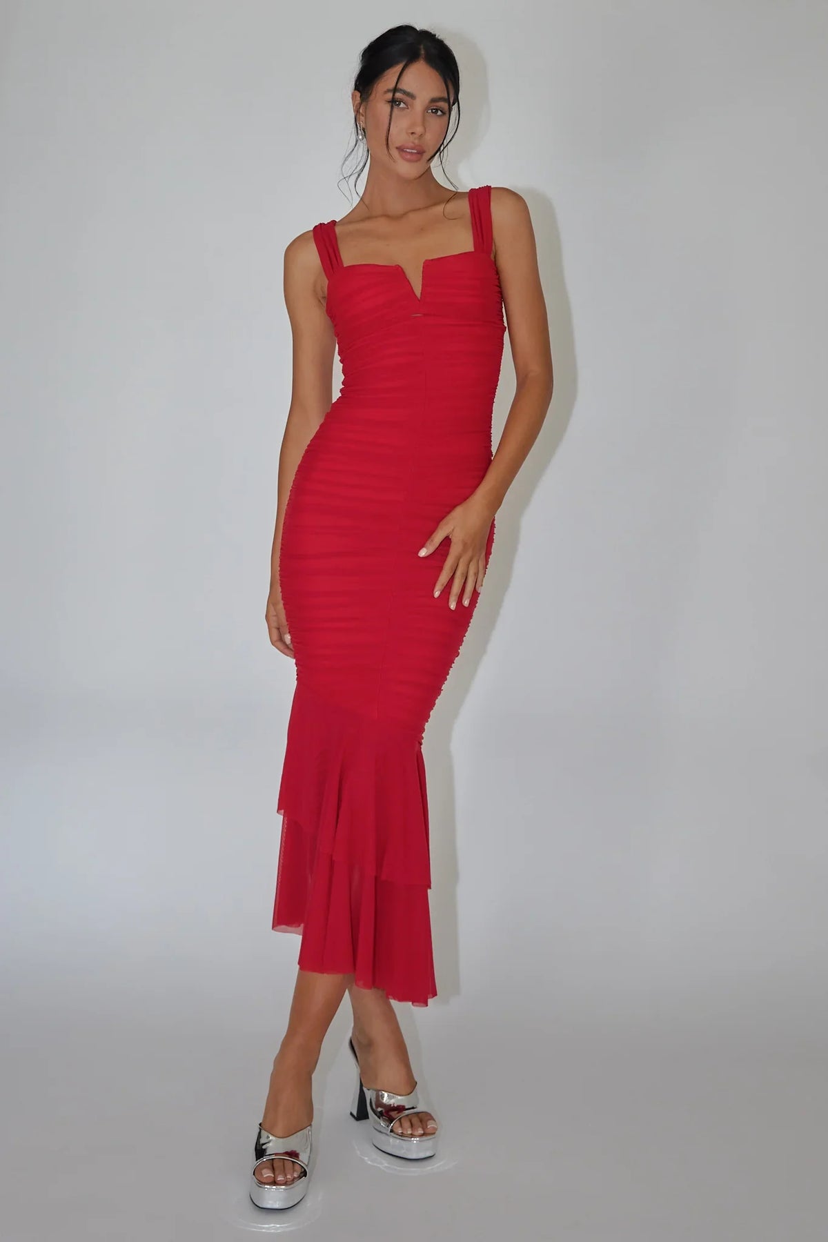Sweetheart Ruched Mesh Fishtail Red Maxi Dress