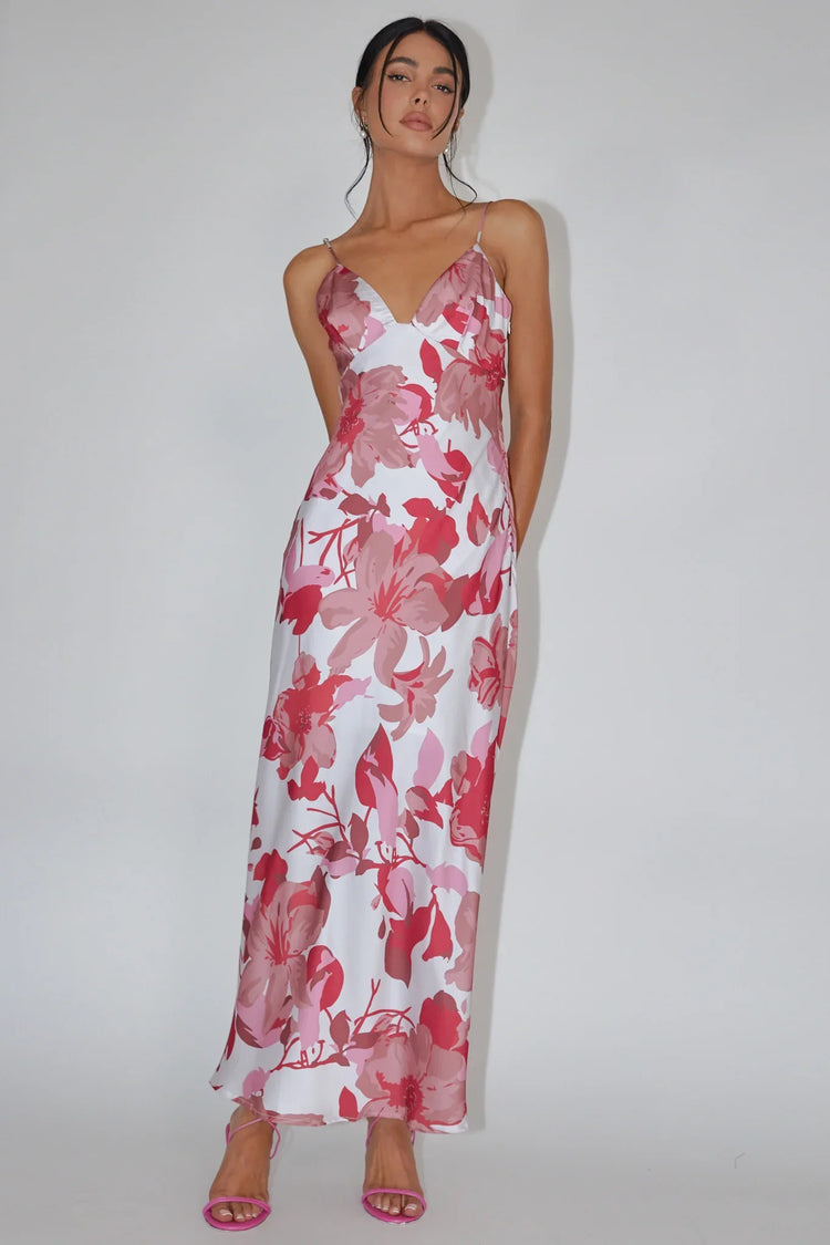 Pink Floral Print Maxi Dress with Cami Strap V-Neck