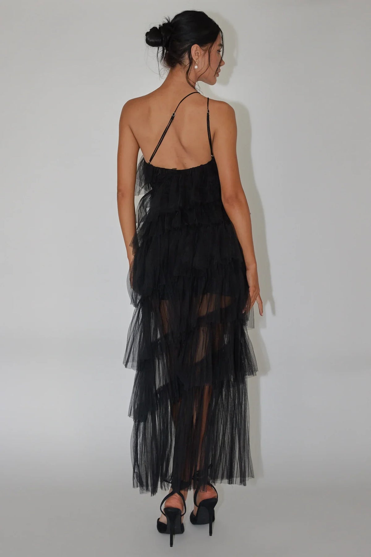 Black Maxi Dress with One-Shoulder Tiered Tulle Ruffle