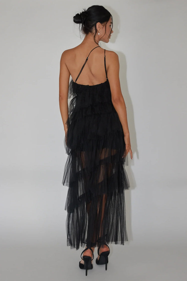 Black Maxi Dress with One-Shoulder Tiered Tulle Ruffle